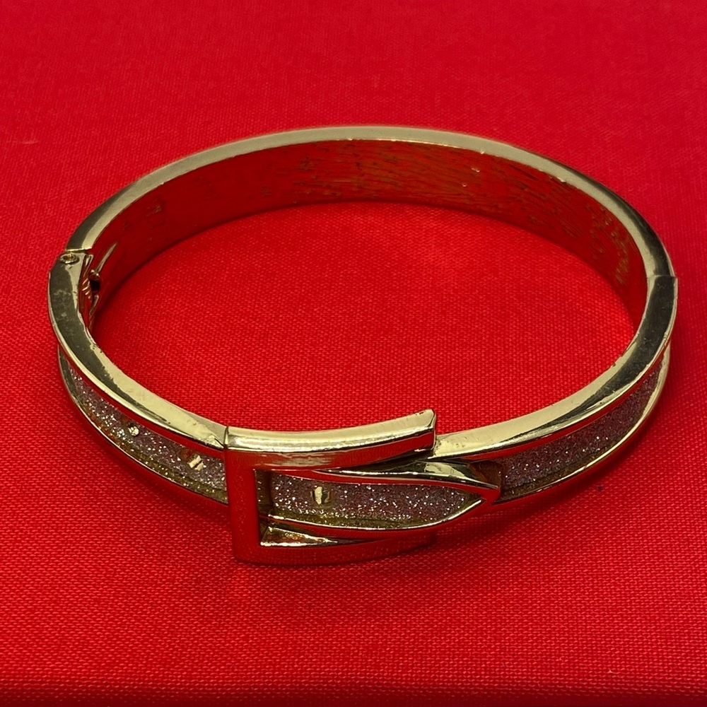 Vintage Belt Buckle Hinged Gold and Silver Sparkle Bangle Bracelet